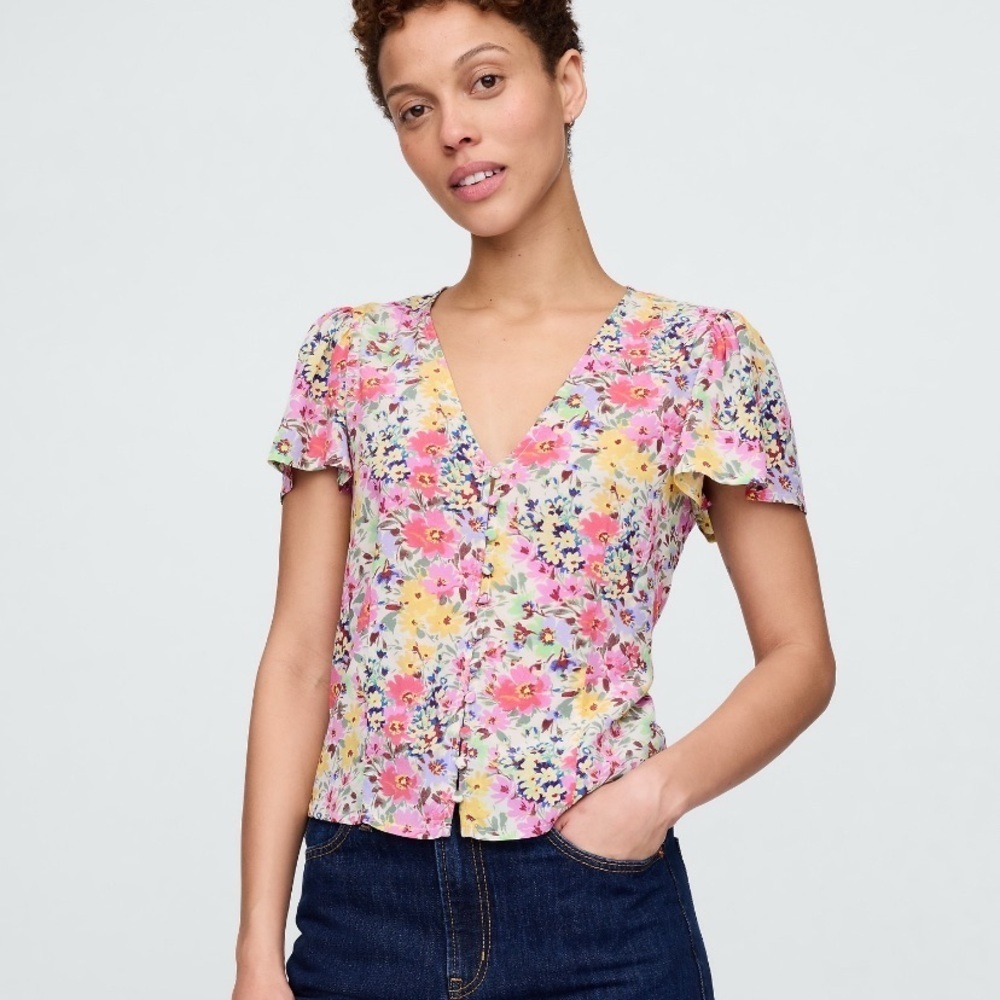 Gap Crepe Flutter-Sleeve Top Spring Multi Floral V Neck Short Sleeve Small Crop